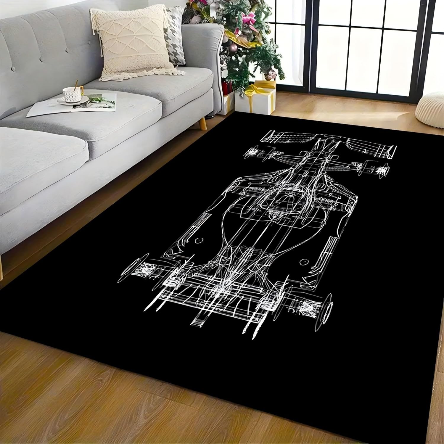 Black & White Racing Car 3D Blueprint Rug