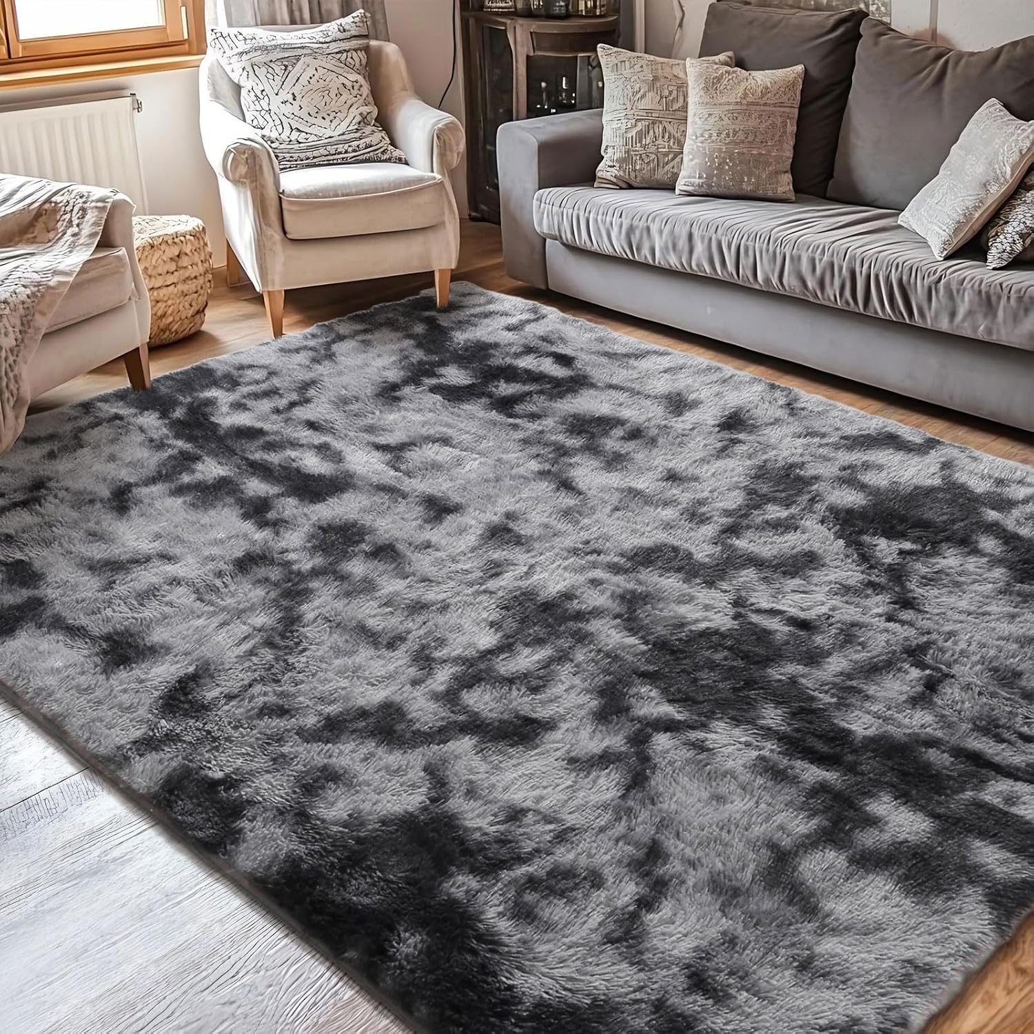 Fluffy Shaggy Rug, Black & Grey