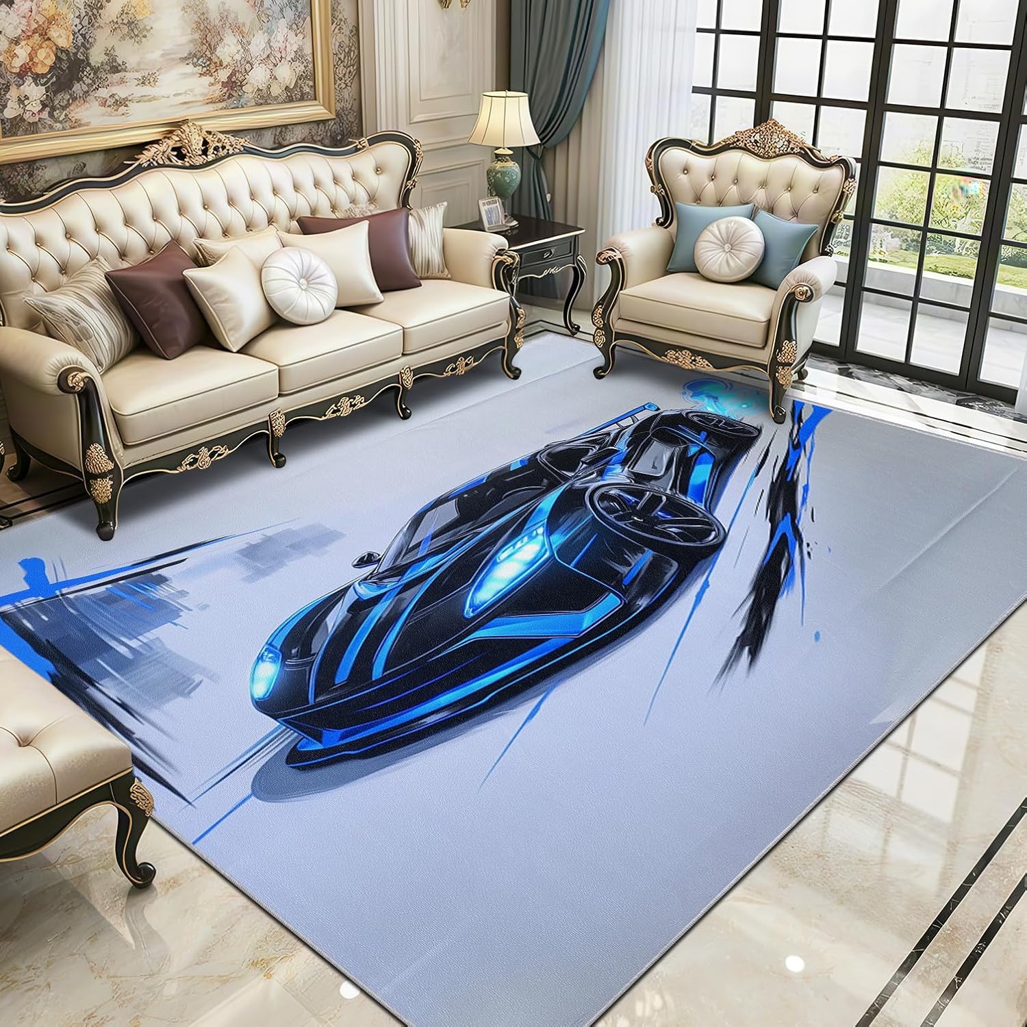 Racing Car Rug, Extreme Speed Blue Supercar