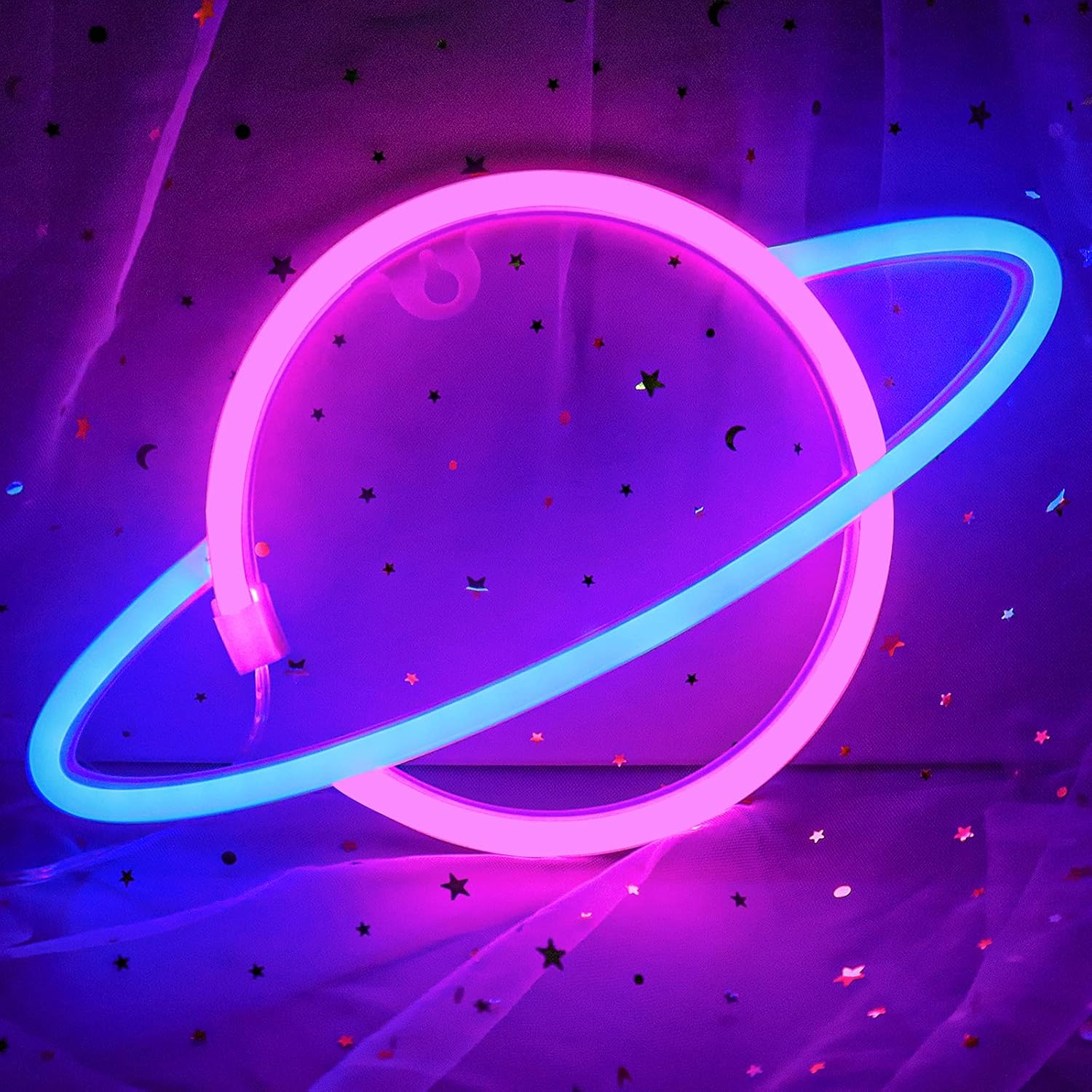 Planet Neon Sign, Blue & Pink